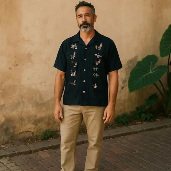 Nat Nast Black Dress Guayabera Silk Shirt for Men - Picture 1 of 7